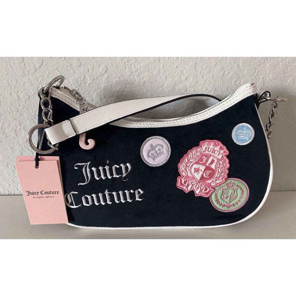 Juicy Couture Juicy Girls Rule Shoulder Bag Liquorice Logo Patches J‎ Charm NEW